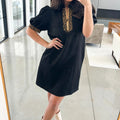Black Leopard Patchwork Zip Collared Short Puff Sleeve Shift Mini Dress - Damesmode Afbeelding 3 - Foto 3
