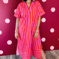 Red Stripe V Neck Cuffed Sleeve Relaxed Split Midi Dress - Foto 3