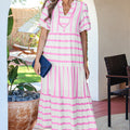Sky Blue Stripe Ricrac Trim Notched Neck Half Sleeve Vacation Dress - Foto 4