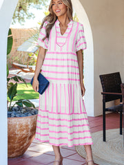 Sky Blue Stripe Ricrac Trim Notched Neck Half Sleeve Vacation Dress - Miniatuur