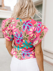 Multicolor Vibrant Floral Print Trimmed Ruffle Sleeve Blouse - Miniatuur