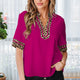 Violet Luipaardprint Patchwork Trim met Split Neck met Korte Mouwen Elegante Blouse