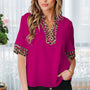 Violet Leopard Patchwork Trim Split Neck Short Sleeve Blouse