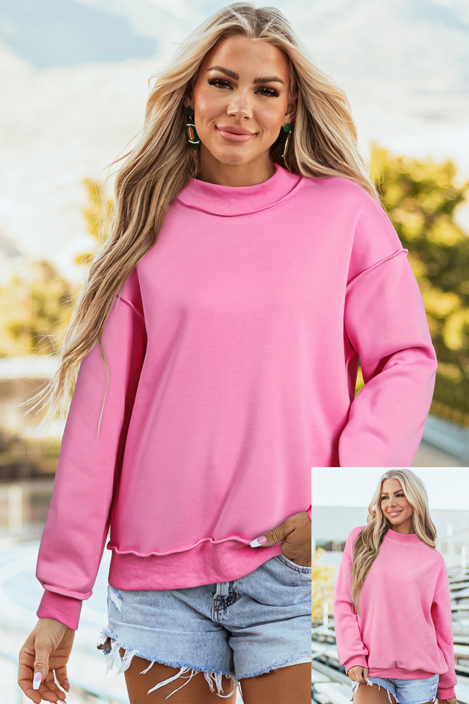 Sweat-shirt bleu foncé oversize, épaule tombante et réversible, col montant,