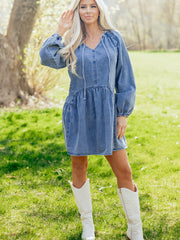 Myosotis Puff Sleeve V Neck Ruffled Loose Denim Mini Dress - Miniatuur