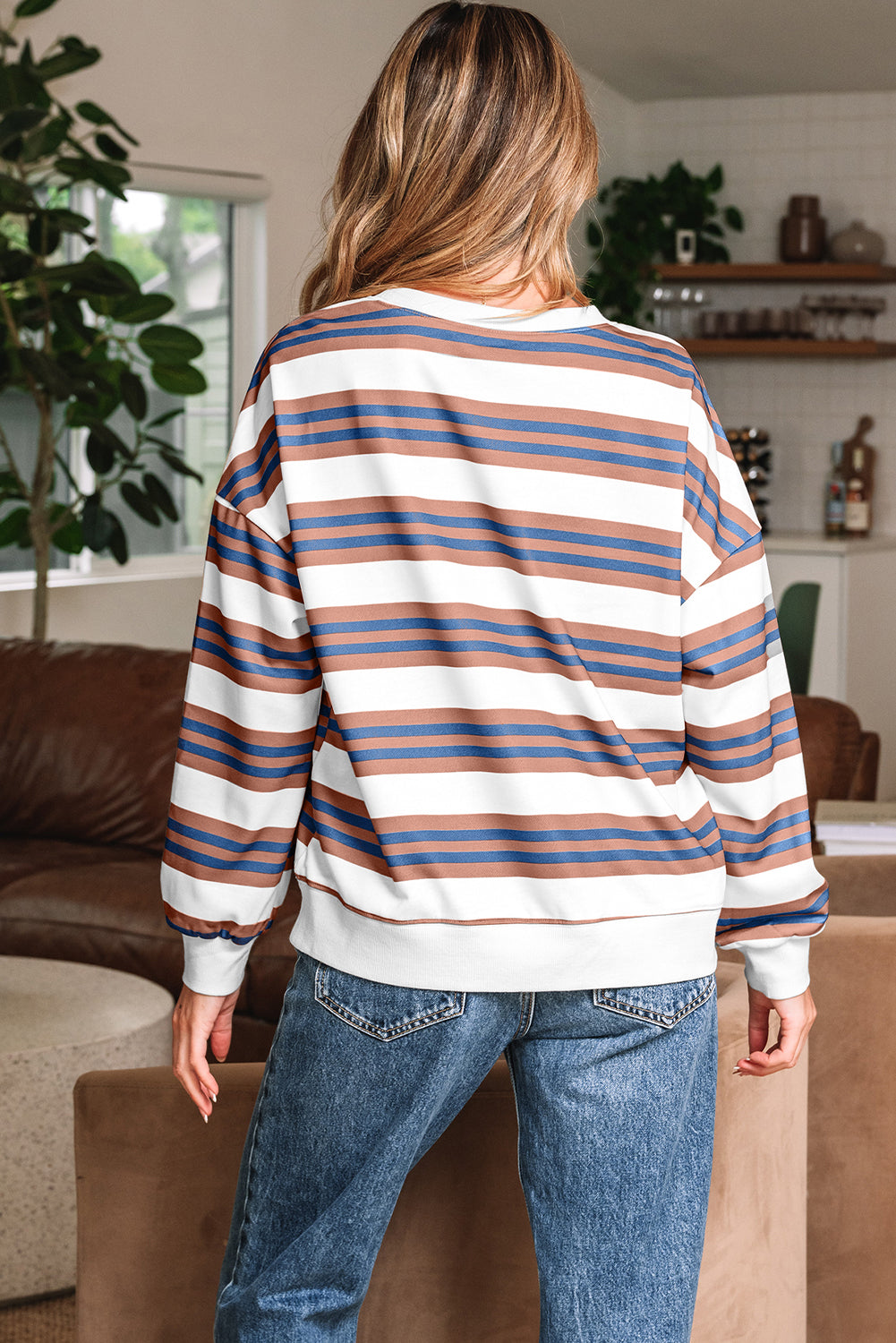 Sweat-shirt à pull à épaules tombantes à rayures kaki