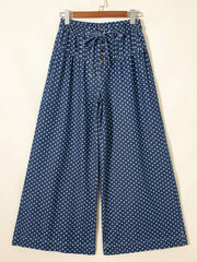 Sky Blue Polka Dot Print Button Pleated Detail Wide Leg Jeans - Miniatuur