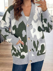 Cardigan delantero de botón en V con escote en el cuello camuflaje verde - Miniatuur