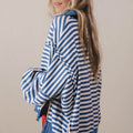 Blue Stripe Color Block Trim Raw Seam Split Hem Loose Pullover Sweatshirt - Damesmode Afbeelding 3 - Foto 3