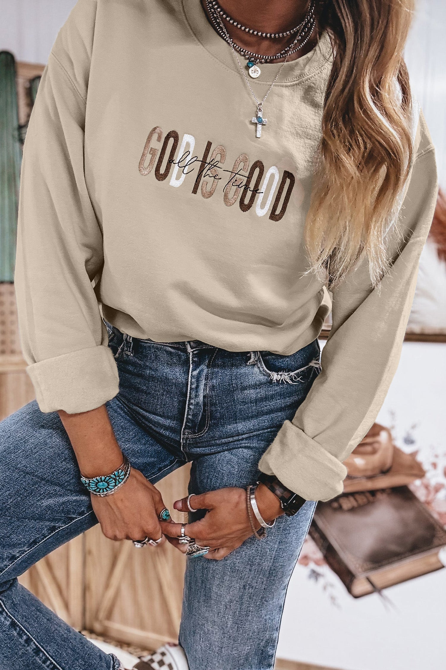 Jet Stream GOD IS GOOD Western-Pullover mit gesticktem Buchstaben und Crewneck-Pullover
