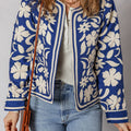 Blue Flower Print Open Front Buttoned Cuffs Elegant Jacket - Damesmode Afbeelding 6 - Foto 6