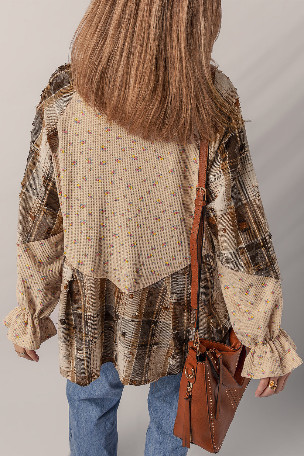 Avoine Bohème à carreaux floraux patchwork détenus avec manches à volants Waffle Shacket en tricot