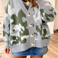 Green Camouflage Drop Shoulder V Neck Button Front Cardigan - Foto 1