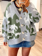 Cardigan delantero de botón en V con escote en el cuello camuflaje verde - Miniatuur