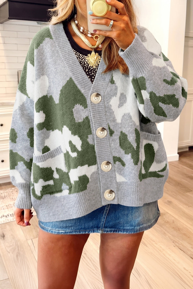 Green Camouflage Drop Shoulder V Neck Button Front Cardigan - Damesmode