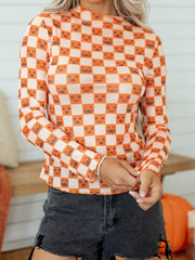 Orange Abstract Halloween Pattern Long Sleeve Stand Neck Shift Blouse - Miniatuur