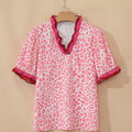 Pink Stripe Ruffled Trim V Neck Leopard Print Short Sleeve Blouse - Foto 3