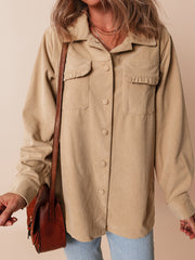 Helles französisch-beige Solid Rüschen-Taschen-Button-Up Cord-Shacket - Miniatuur
