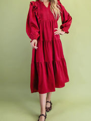 Racing Red Solid Color Ruffle Trim Long Sleeve Tiered Shift Midi Dress - Miniatuur