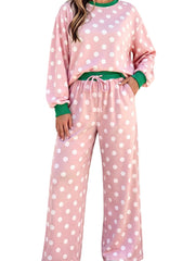 Khaki Polka Dot Contrast Trim Long Sleeve Top Drawstring Shift Pants Set - Miniatuur