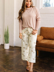 Vaqueros beige estilosos con estampado de ánades reales con puños y con bajo - Imagen de moda femenina 6 - Miniatuur