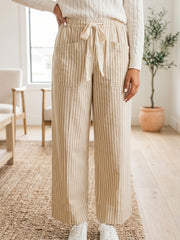 Apricot Stripe Ribbon Drawstring Waist Full-Length Shift Pant - Damesmode Afbeelding 1 - Miniatuur