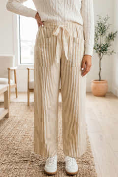 Apricot Stripe Ribbon with Drawstring Waist Full-Length Shift Pant - Redblad Damesmode
