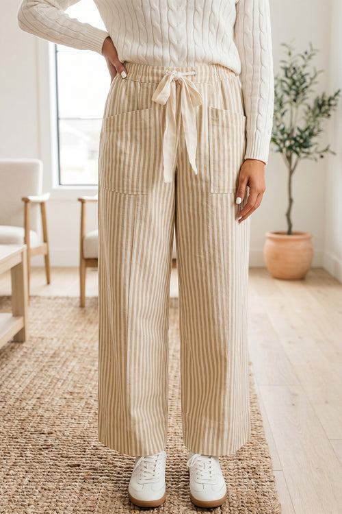 Apricot Stripe Ribbon Drawstring Waist Full-Length Shift Pant - Damesmode Afbeelding 1