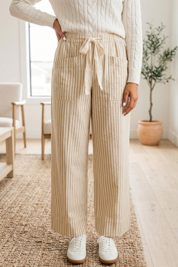 Abrikoos Stripe Ribbon met Trekkoord Waist Full-Length Shift Pant - Redblad