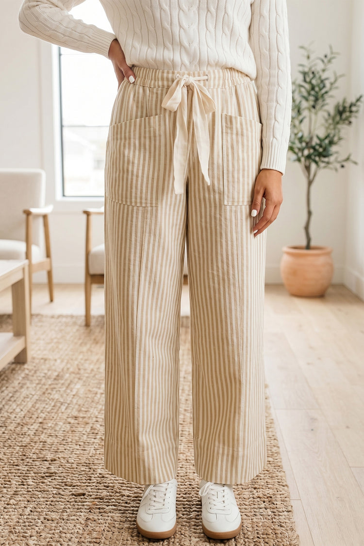 Apricot Stripe Ribbon Drawstring Waist Full-Length Shift Pant - Damesmode Afbeelding 1 - Damesmode