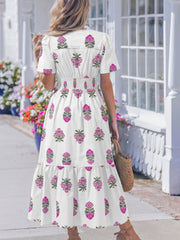 Green Floral Print Split Neck Shirred High Waist Ruffle Hem Maxi Dress - Miniatuur