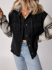 Black Plaid Sleeve Frayed Hem Hooded Denim Jacket - Damesmode Afbeelding 7 - Miniatuur