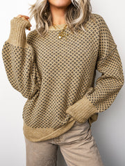Maglione a maniche lunghe con stampa geometrica cachi, spalle a scollo rotondo e scollo a scena - Miniatuur