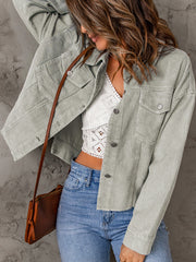 Sky Blue Raw Hem Flap Pockets Cropped Corduroy Jacket - Miniatuur