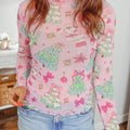 Pink Abstract Print Stand Neck Slim Fit Long Sleeve Top - Foto 1