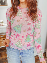 Pink Abstract Print Stand Neck Slim Fit Long Sleeve Top - Miniatuur
