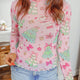 Roze Abstract Print Stand Neck Slim Fit met Lange Mouwen Top