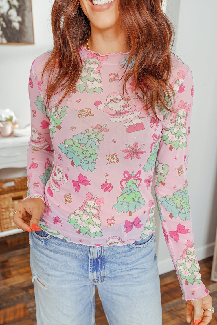 Pink Abstract Print Stand Neck Slim Fit Long Sleeve Top - Damesmode