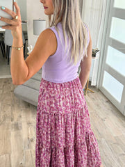 Purple Ribbed V Neck Tank Floral Contrast Patchwork Long Dress - Miniatuur