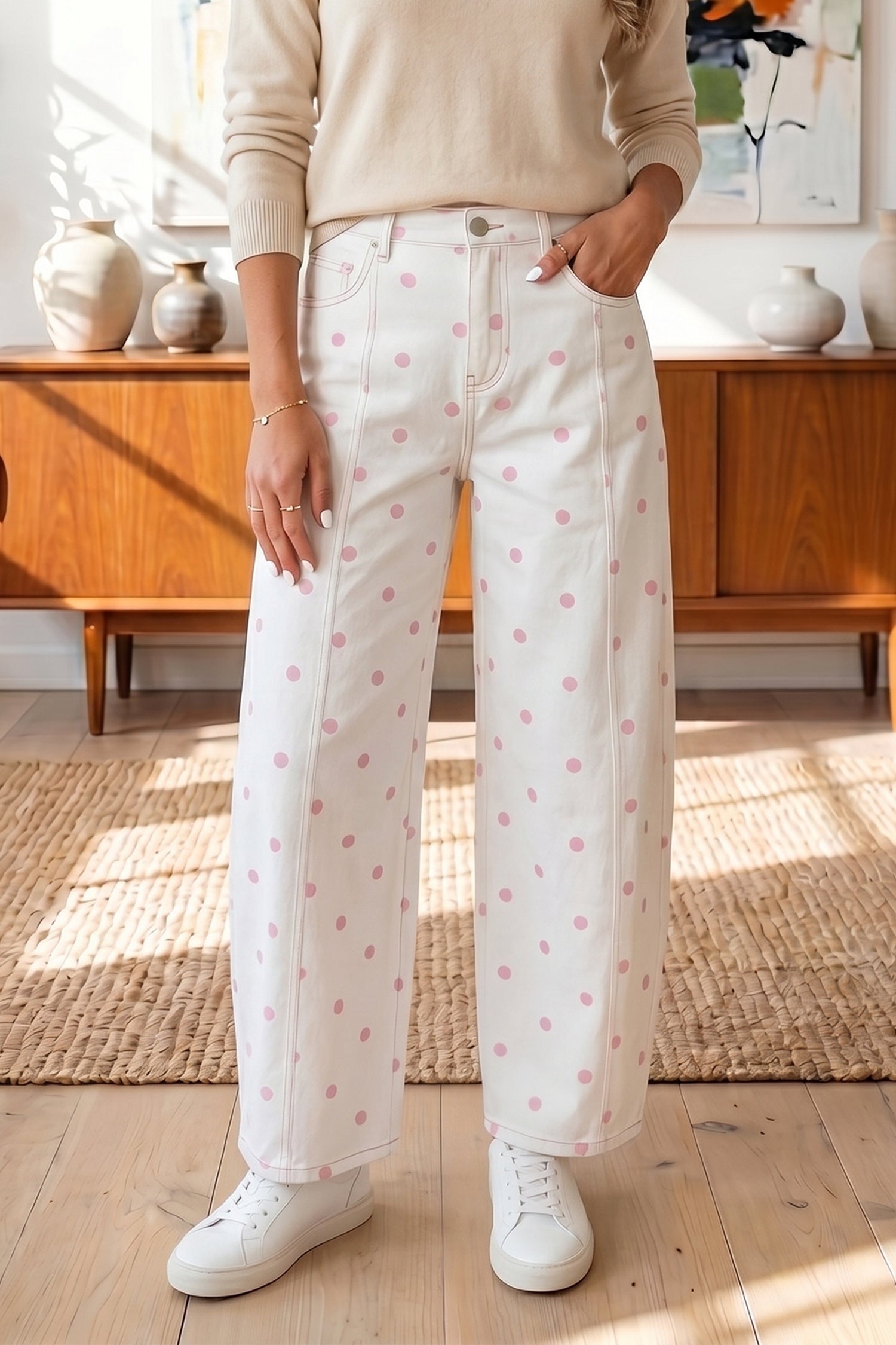 Blue Tailored Seam Polka Dot Print Barrel Casual Jeans - Damesmode Afbeelding 4