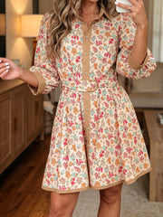 Orangefarbener Floral-Print Farbblock-Kanten-Hemd mit 3/4-Ärmeln, Mini-Gürtel-Kleid - Miniatuur