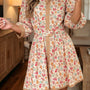 Orangefarbener Floral-Print Farbblock-Kanten-Hemd mit 3/4-Ärmeln, Mini-Gürtel-Kleid
