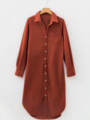 Clay Long Sleeve Button Down Corduroy Midi Length One Piece Dress - Miniatuur