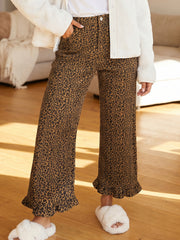 Brown Leopard Print Ruffled Hem Shift Jeans - Damesmode Afbeelding 1 - Miniatuur