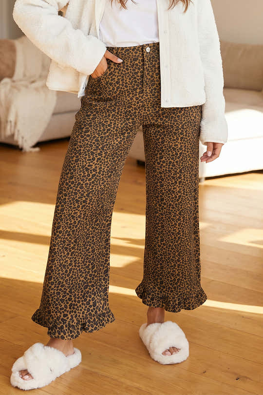 Brown Leopard Print Ruffled Hem Shift Jeans - Damesmode Afbeelding 1