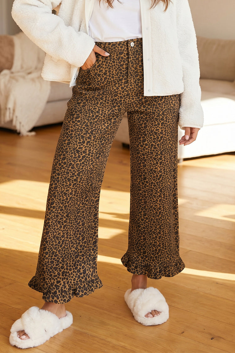 Brown Leopard Print Ruffled Hem Shift Jeans - Damesmode Afbeelding 1 - Damesmode