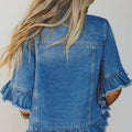 Blue Ruffle Hem Raw Edge Half Sleeve Western Denim Jacket - Damesmode Afbeelding 2 - Foto 2