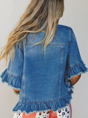 Veste western en jean à manches courtes à volants bleu avec bord brut - Image de mode féminine 2 - Miniatuur