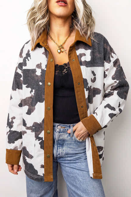 Giacca di jeans a maniche lunghe a maniche lunghe con stampa di mucca occidentale multicolore