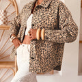 Khaki Leopard Print Collar Long Sleeve Patch Pocket Shift Denim Jacket - Foto 3